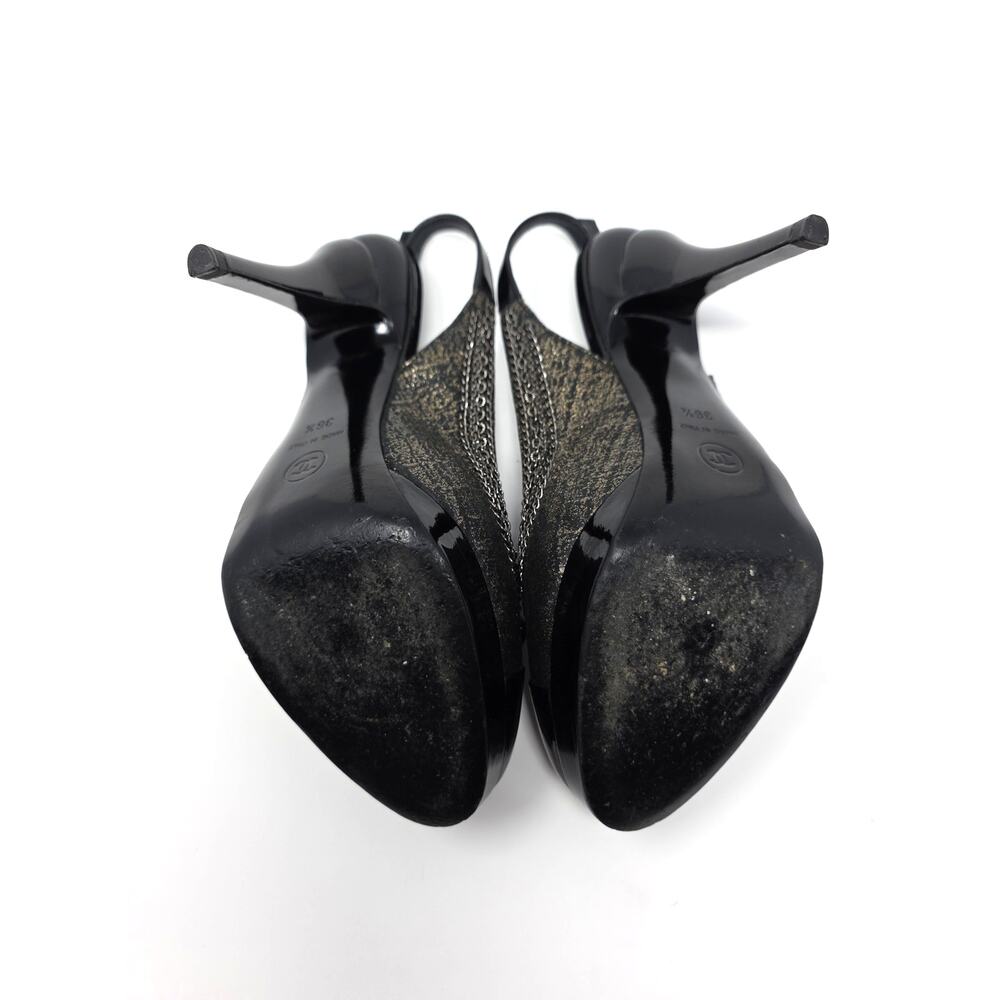 Chanel Slingback Platform Vintage Heels Cap Toe CC Logo Bow Chain Black 36.5 6 - Picture 8 of 10